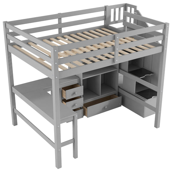 English Elm Full Full Size Loft Bed with L-Shaped Desk, Drawers, Cabinet and Staircase Storage for Space-Saving Rooms Gray GX000469AAE