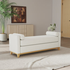 English Elm 66.34 Inch Sherpa Fleece Bench with Fluted Wood Legs Bolster Pillows Mid-century Lounge Beige+Natural W1658P445918
