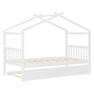 English Elm Twin House Bed Solid Pine Cottage Frame with Pull Out Trundle for Kids Bedroom White N708P309238K