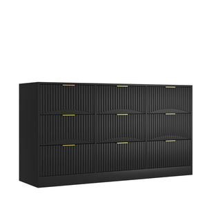 English Elm Black Nine Drawer Wide Dresser Matte Wood Chest with Wavy Relief Panels Bedroom Storage Black W409P307541