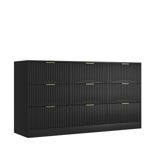 English Elm Black Nine Drawer Wide Dresser Matte Wood Chest with Wavy Relief Panels Bedroom Storage Black W409P307541
