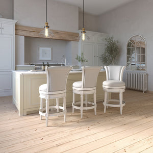 English Elm 26in. Wood High-back Swivel Barstool Farmhouse Style Nailhead Upholstered Kitchen Seat White B2751P436430