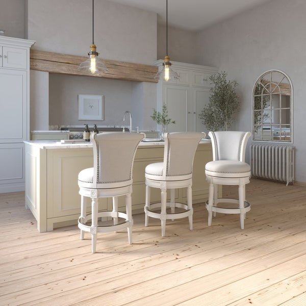 English Elm 26in. Wood High-back Swivel Barstool Farmhouse Style Nailhead Upholstered Kitchen Seat White B2751P436430