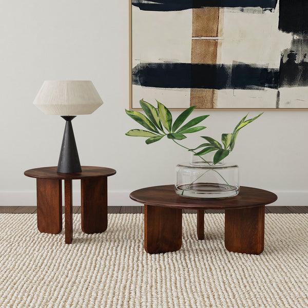 English Elm Round Solid Mango Wood End Table with Sculptural Angled Legs, Deep Brown Grain Finish, Modern Decor B016P380949