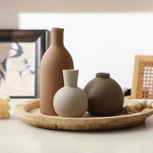 English Elm Rustic Matte Ceramic Vase Trio Neutral Tones Shelf Mantel Farmhouse Boho Decor Brown+Gray W2181P475132