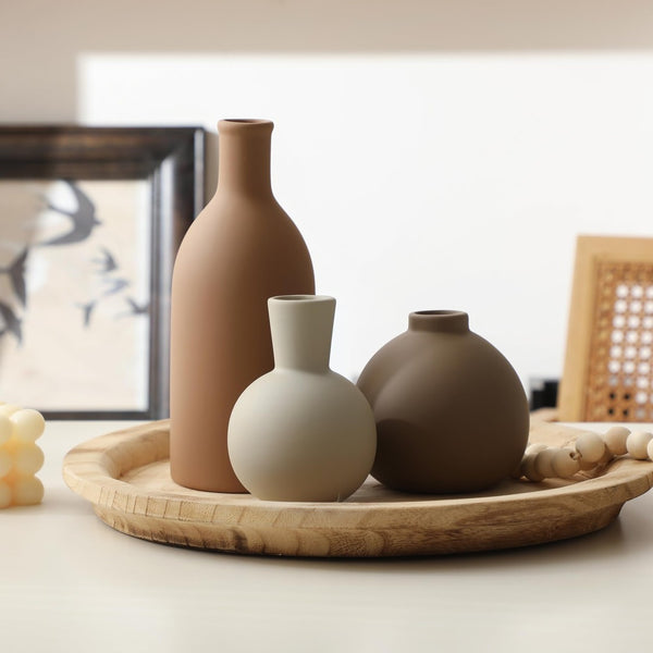 English Elm Rustic Matte Ceramic Vase Trio Neutral Tones Shelf Mantel Farmhouse Boho Decor Brown+Gray W2181P475132