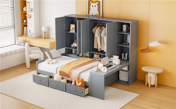 English Elm Full Size Wooden Daybed With Desk, Drawers, Shelves – Stylish Space-Saving Solution In Gray! N820S00055E