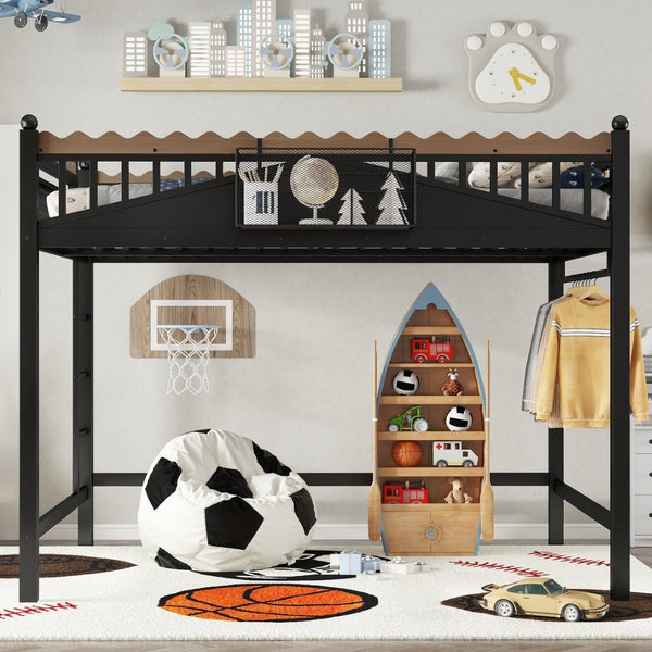 English Elm Twin Kids Platform Bed with Trundle Staircase Bookshelf and Rounded Safety Rails W1580S00382