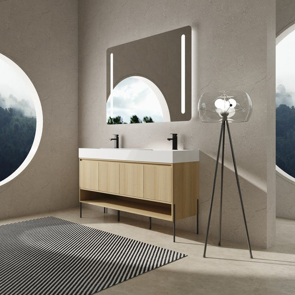 English Elm 60" Oak Bathroom Vanity Combo with Resin Basin, 4-Door Storage, Multi-Layer Wood Frame, Modern Elegance W1972S00011