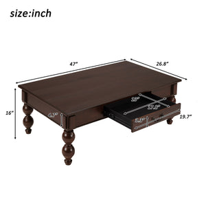 English Elm Rectangular Rustic Wooden Coffee Table with Storage Drawer, Solid Rubberwood Gourd Legs, 47" Luyo Espresso W1202P317455