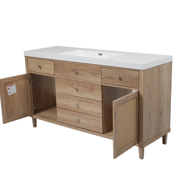 English Elm Christopher Knight Home® - 60" Modern Bathroom Vanity with Durable SMC Sink, Rattan Doors, Soft-Close Drawers, Pine Legs Antique Natural N817P296130N