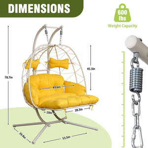 English Elm 2 Person Wicker Hanging Egg Chair with Stand Padded Swing for Patio Garden T5880P500210