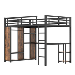 English Elm Queen Size Loft Bed Frame With Integrated Wardrobe, Desk & Storage Shelves For Space-Saving Style W1580S00178-GIGA