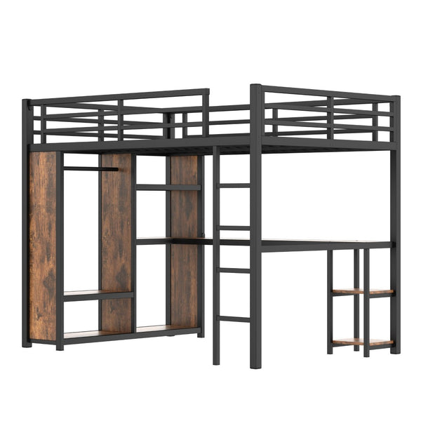 English Elm Queen Size Loft Bed Frame With Integrated Wardrobe, Desk & Storage Shelves For Space-Saving Style W1580S00178-GIGA