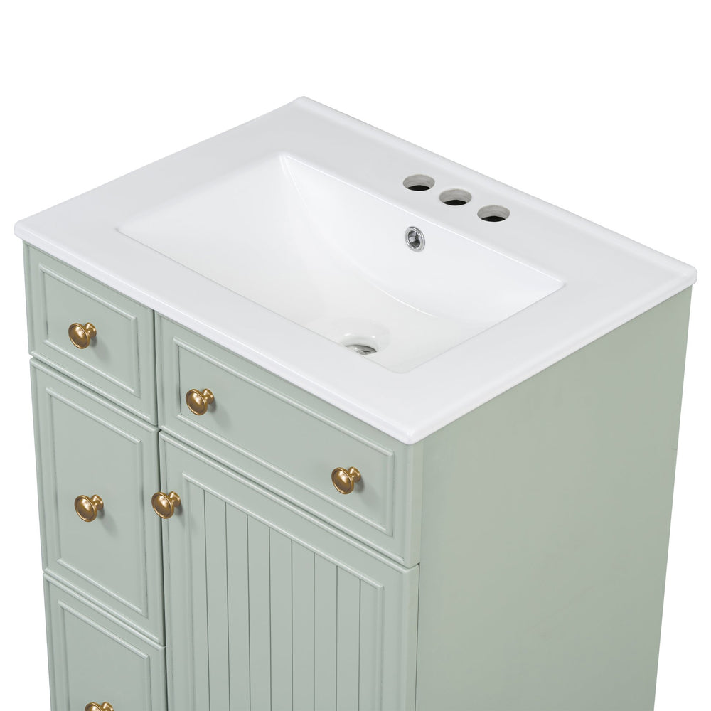 English Elm 24-Inch Bathroom Vanity Cabinet with Ceramic Sink, Space-Saving Storage, Solid Wood Feet, Durable Finish Green WF532034AAF