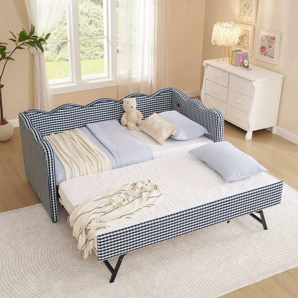 English Elm Cozy Twin Gingham Daybed with Trundle Sofa Bed, Linen Upholstery, USB Port, Wave Frame Design Navy W1413S00101