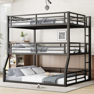 English Elm Full/Full Xl Metal Triple Bunk Bed With Safety Guardrails, Noise-Reduced Design, Black - Perfect For Space-Saving Solutions! W1580S00174