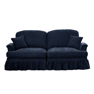 English Elm Elegant Mid Century Two-Seater Sofa Couch With Removable Ruffles, Chenille, Blue Upholstery & Spindle Legs W3041S00252