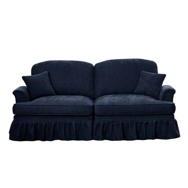 English Elm Elegant Mid Century Two-Seater Sofa Couch With Removable Ruffles, Chenille, Blue Upholstery & Spindle Legs W3041S00252
