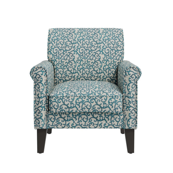 English Elm Barnet Barrel Accent Chair Vine Print Upholstery Nailhead Trim Tapered Wood Legs B127P495065