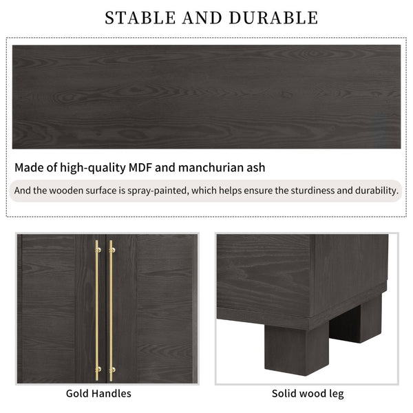 English Elm Trexm Ash Veneer Buffet with Gold Handles Matte Black Lacquer Dining Storage Taupe N715P232696N