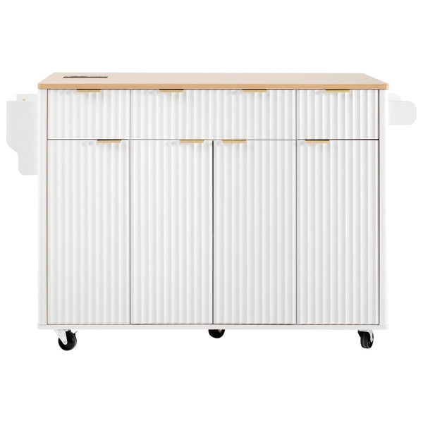 English Elm K&k Fluted Rolling Kitchen Island Faux Marble Top Power Outlet Storage Drawers White N707P353945W