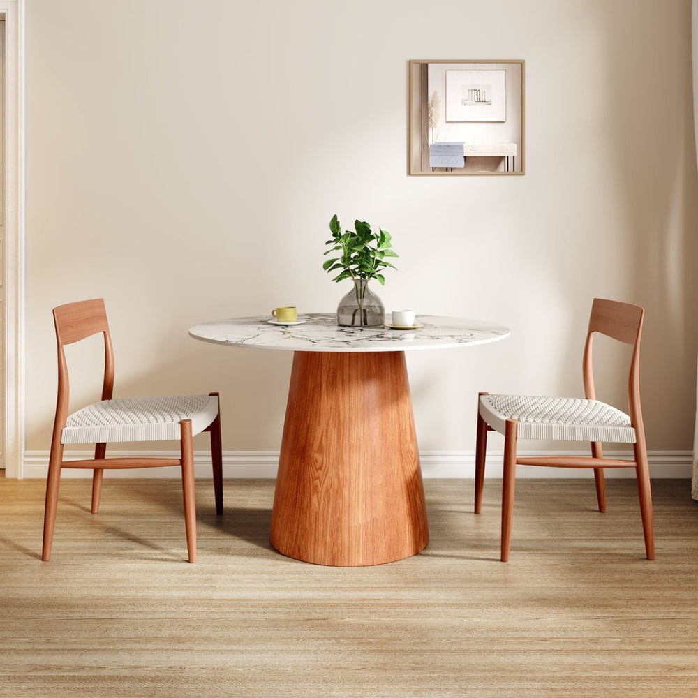 English Elm Small Round Pedestal Dining Table For 2-4 People - Elegant White & Black Design, Durable Stone Top T3833S00038-GIGA