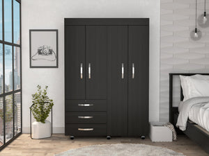 English Elm Hamilton Mobile Armoire with 4 Doors, 3 Drawers, Dual Hanging Rods and Multiple Shelves for Organized Storage and Durable Engineered Wood Finish Black 70.47 L x 23.23 W x 4.33 H B097S00229