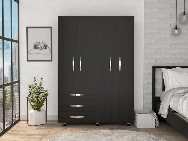 English Elm Hamilton Mobile Armoire with 4 Doors, 3 Drawers, Dual Hanging Rods and Multiple Shelves for Organized Storage and Durable Engineered Wood Finish Black 70.47 L x 23.23 W x 4.33 H B097S00229