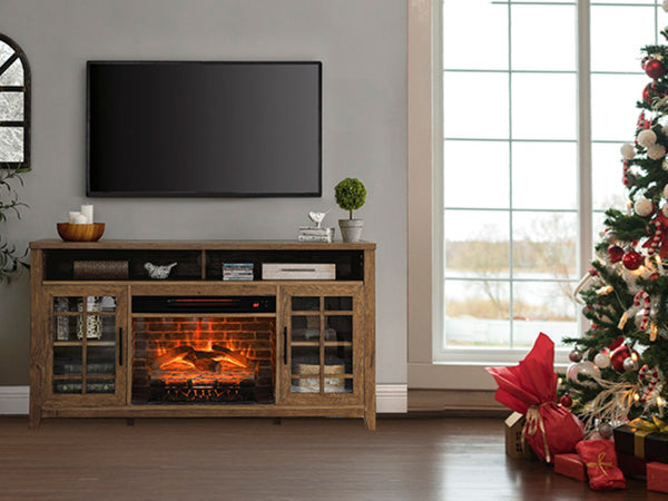 English Elm 55 Inch Fireplace Tv Stand with Infrared Heater Gray Wash Finish Media Storage W1769132634