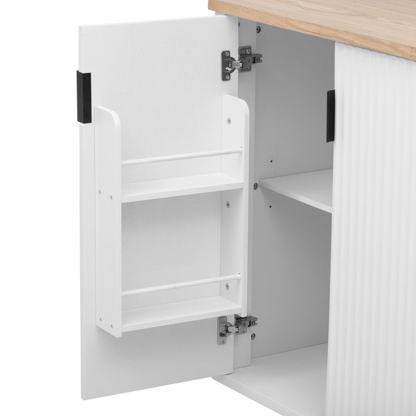 English Elm K&K 51" Fluted Kitchen Island with Waveform Panels, Drop Leaf, Rolling Cart with Towel Rack and Storage White N707P221446W