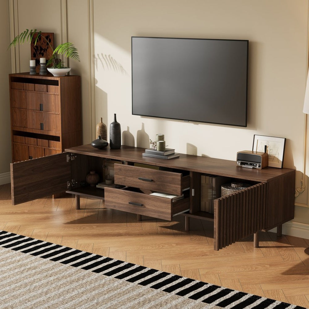 English Elm 70inch Rattan Door Media Console with Iron Legs Natural Wood Finish Living Room N710P429516Q