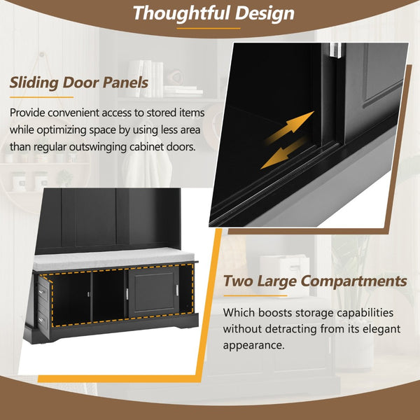 English Elm On-Trend Stylish Hall Tree With Sliding Doors, 6 Hooks, Cushion Bench & Smart Storage For Entryways N721P205787B-GIGA