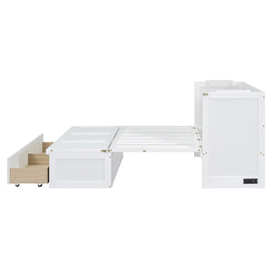 English Elm Full Size Wall Murphy Bed Cabinet with Storage Drawer and Built-in Usb Charging White N708P205903K