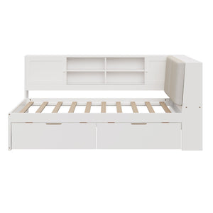 English Elm Wooden Twin L-shaped Corner Bed Pine Frame Bookcase Storage Usb Charging Ports BS701P337660K
