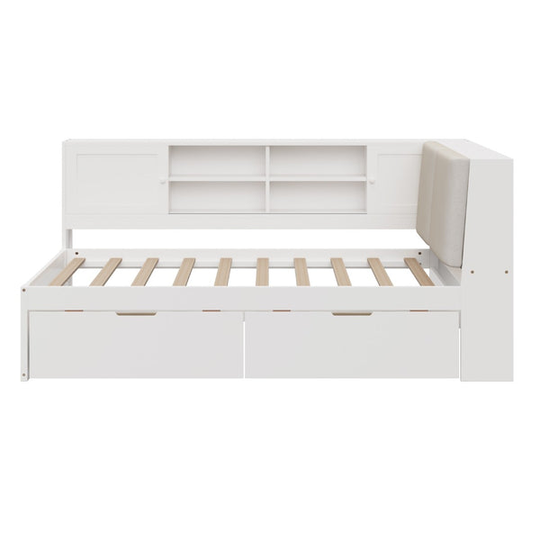 English Elm Wooden Twin L-shaped Corner Bed Pine Frame Bookcase Storage Usb Charging Ports BS701P337660K