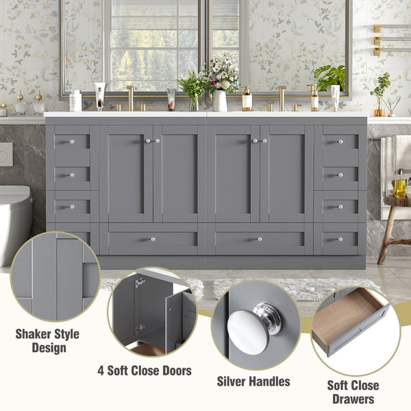 English Elm 72-inch Shaker Double Bathroom Vanity Gray Mdf with Resin Basins and Soft Close Storage N729P000030E