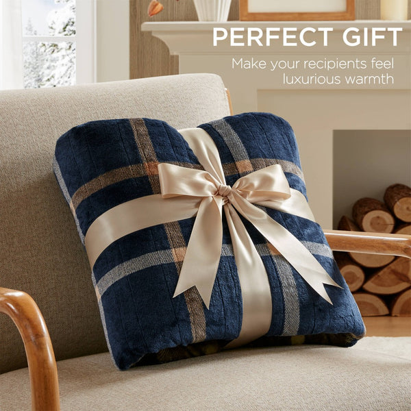 English Elm 1-piece Aztec Heated Throw with 12 Settings Auto Shutoff Soft Ivory Boho Blanket Navy Multi B035P408332