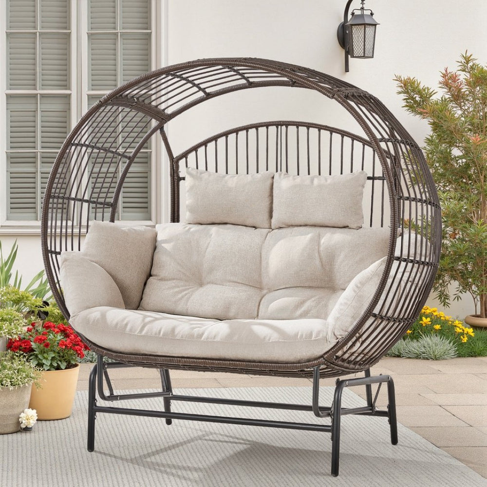 English Elm Oversized Pe Wicker Egg Glider Chair Two Person Patio Loveseat with Thick Cushions T3773P501788