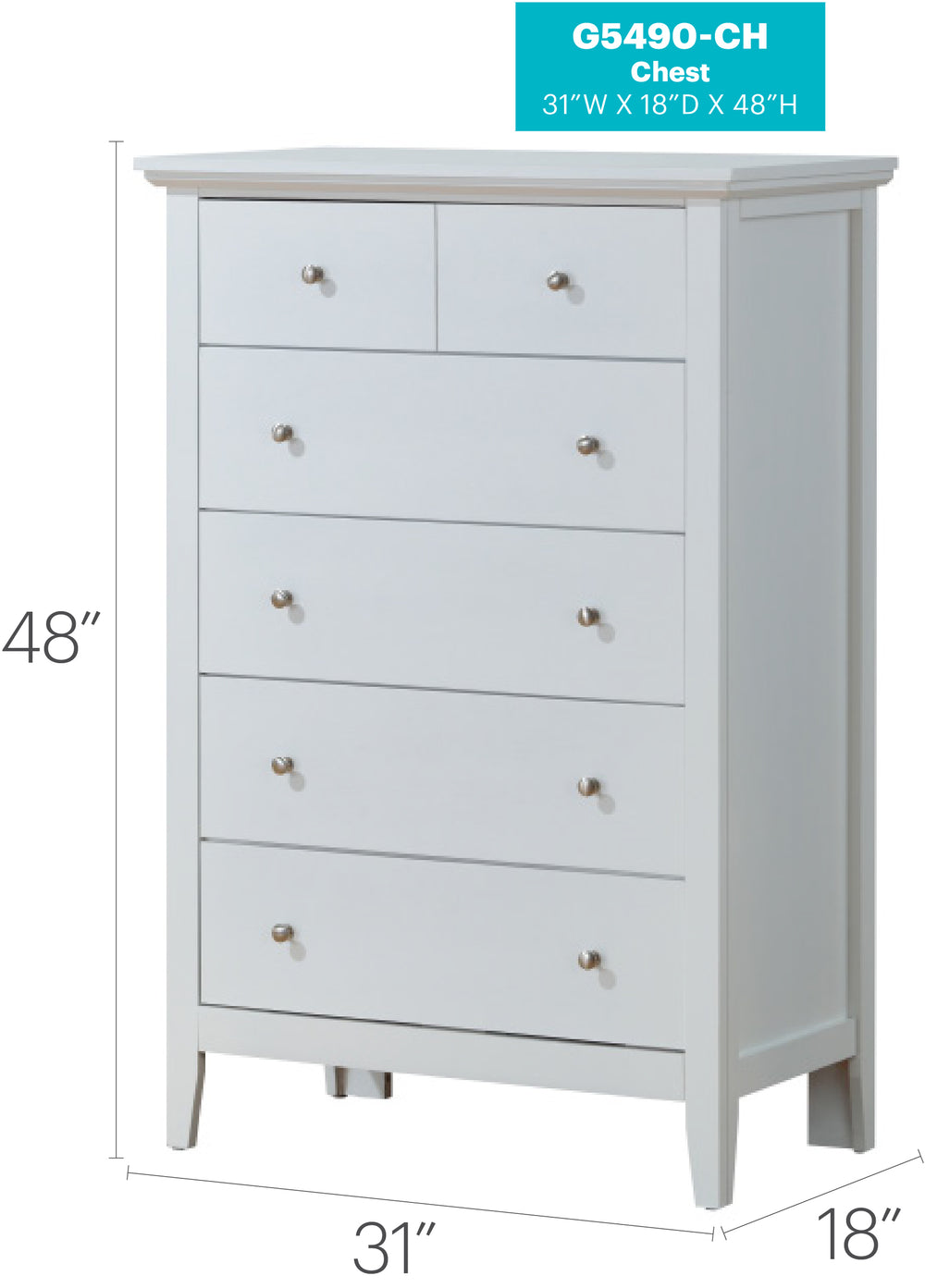English Elm Hammond White Chest with Dovetailed Drawers and Nickel Hardware — 48"H x 32"W x 18"D Modern Storage Piece B078118402