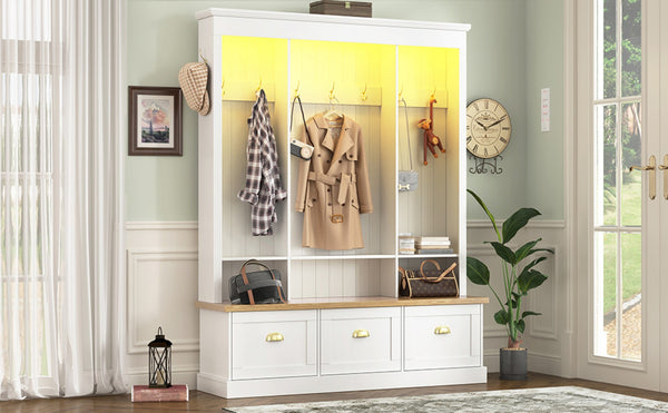 English Elm Farmhouse Hall Tree with Triple Arch Back Panel Eight Hooks Drawers and Entryway Bench White N721S000062K