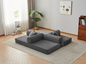 English Elm 78.8" Corduroy Modular Floor Sofa Convertible Sleeper Futon with Pillow Back Support Gray W5617P456004