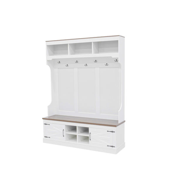 English Elm Vibe Haus Farmhouse Hall Tree with Bench Shoe Storage Hooks and Open Cubbies N724P380402K