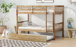 English Elm Twin Over Twin Bunk Bed With Trundle - Versatile Rubberwood Design, Safety Guardrails, Rustic Oak Finish W504S00159-GIGA