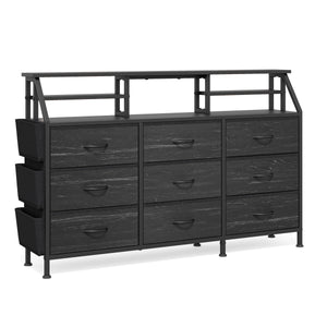 English Elm 55''W Modern Dresser with 9 Fabric Drawers & 2 Open Shelves — Sturdy Wood‑Metal Chest, Anti‑Tip Stability Black T3950P402193