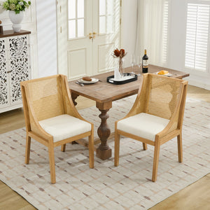 English Elm Rattan Solid Wood Dining Chair with Linen Seat and Decorative Armrests, Rustic Natural Finish Beige W1143P335052