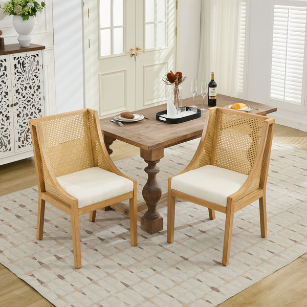 English Elm Rattan Solid Wood Dining Chair with Linen Seat and Decorative Armrests, Rustic Natural Finish Beige W1143P335052