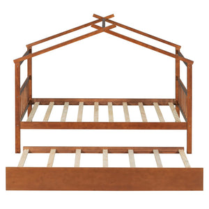 English Elm Twin House Bed with Pull Out Trundle Solid Pine Wood Frame Walnut Kids Room N708P309238L
