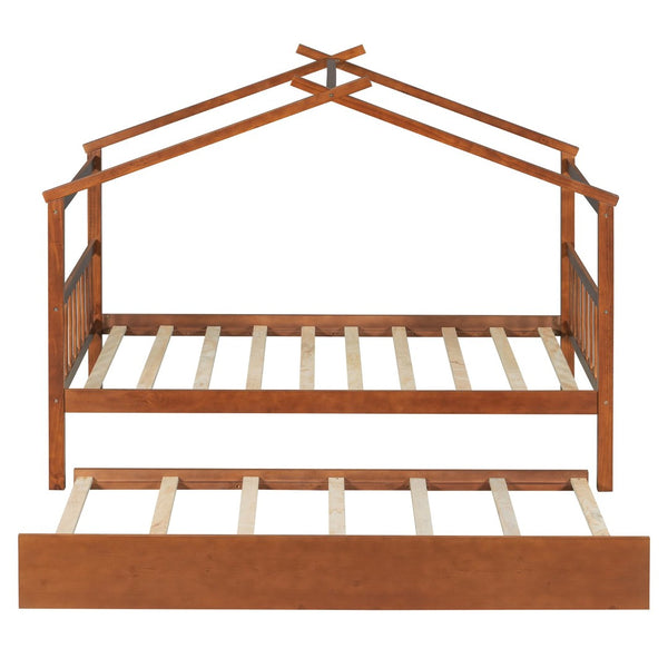 English Elm Twin House Bed with Pull Out Trundle Solid Pine Wood Frame Walnut Kids Room N708P309238L