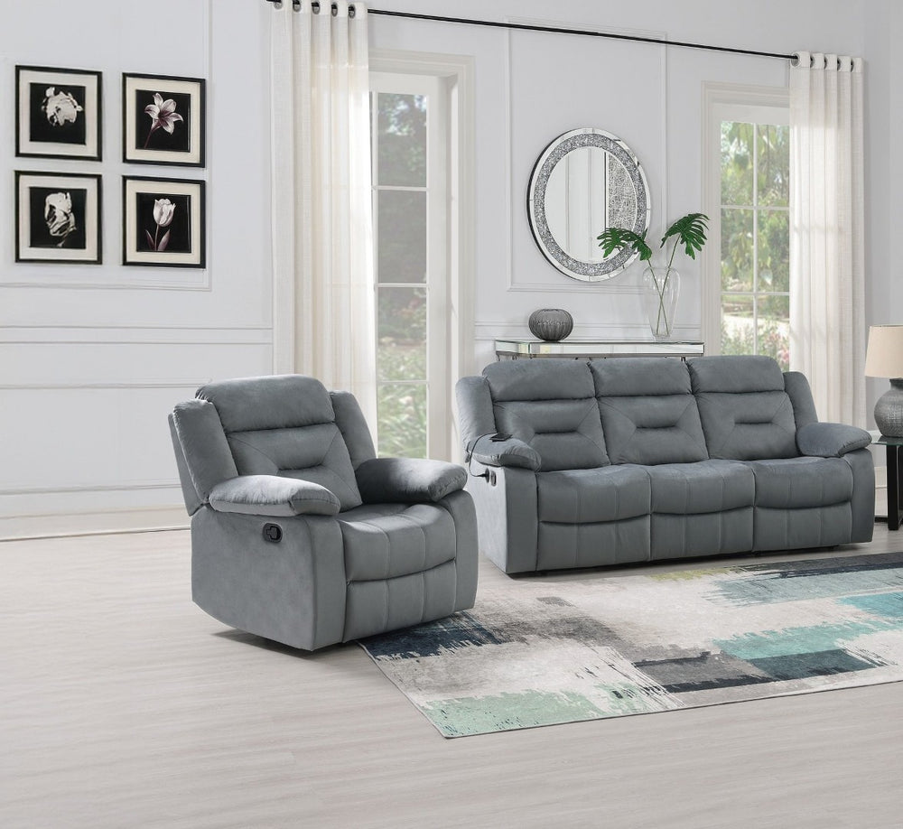 English Elm 2pc Velvet Living Room Set with Sofa and Recliner Vertical Tufting Usb Ports Dark Gray B011S02359